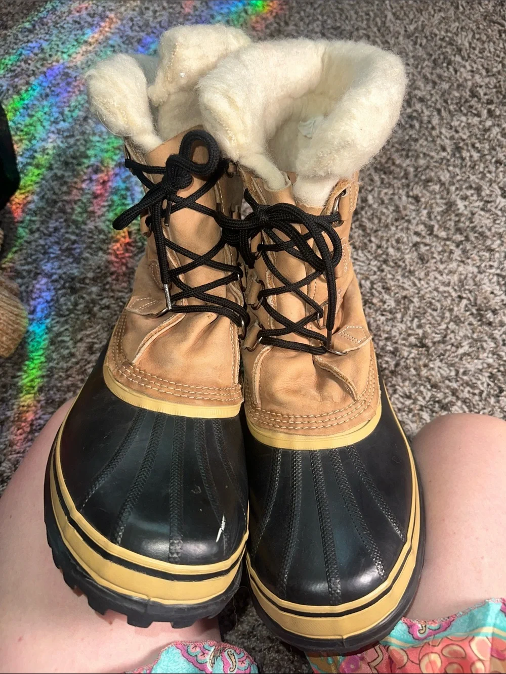 Sorel Tan and Black Shearling-Trim Caribou Boots